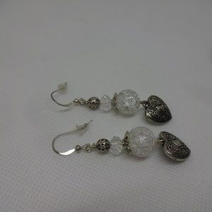 Delicate "CLEAR CRACKED GLASS & SWAROVSKI CRYSTAL" Handmade Silver Earrings 490